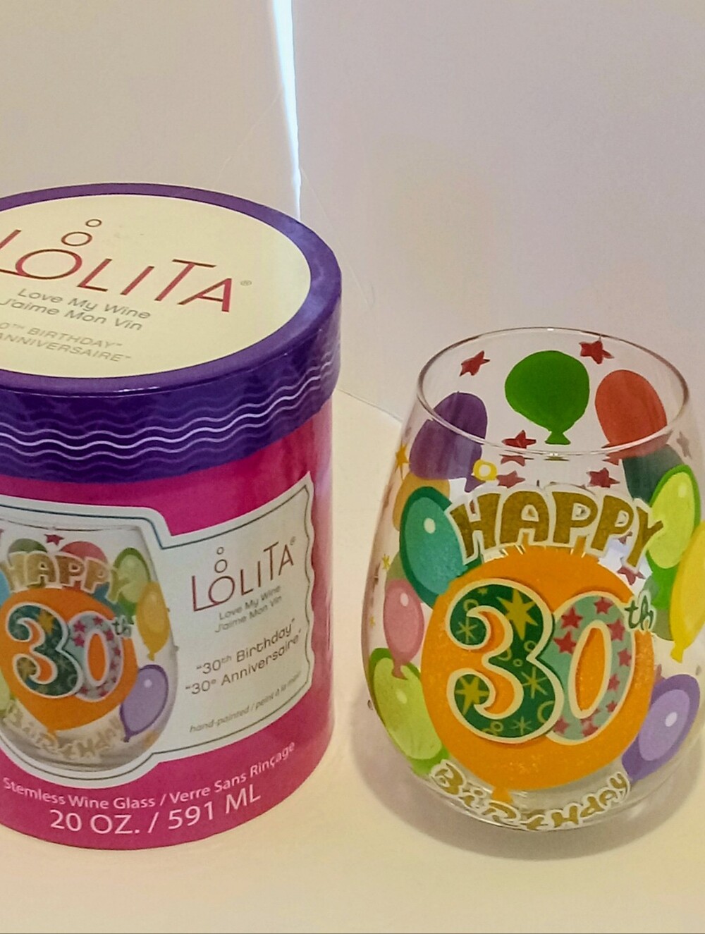 Lolita NEW IN BOX "Happy 30th Birthday" Stemless Wine Glass.